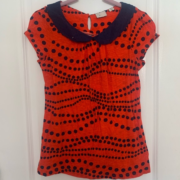 Anthro Red & Navy Dotted Peter Pan Collar Top - Picture 2 of 4